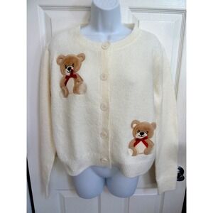 Threaded Leaf Teddy Bear Cardigan Sweater Fuzzy Cropped  M